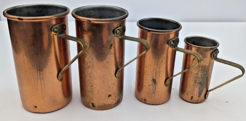 Vintage Copper Measuring Cups with Handles Set of 4 Rustic Farmhouse Kitchen